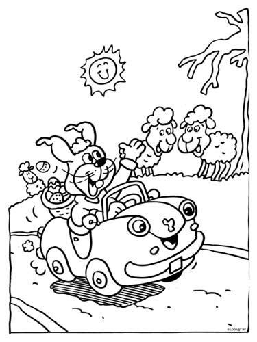 paashaas  een sportauto zwaait pasen themas kleurplaten print