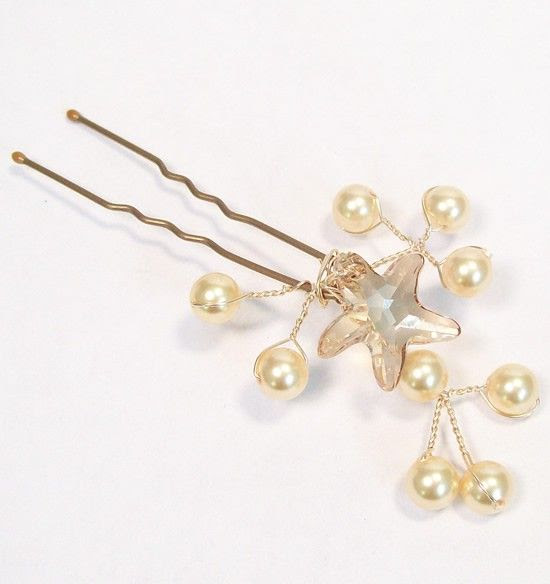 Nautical Starfish Beach Hairpin Gold Pearls & Champagne by bonitaj, $33.00