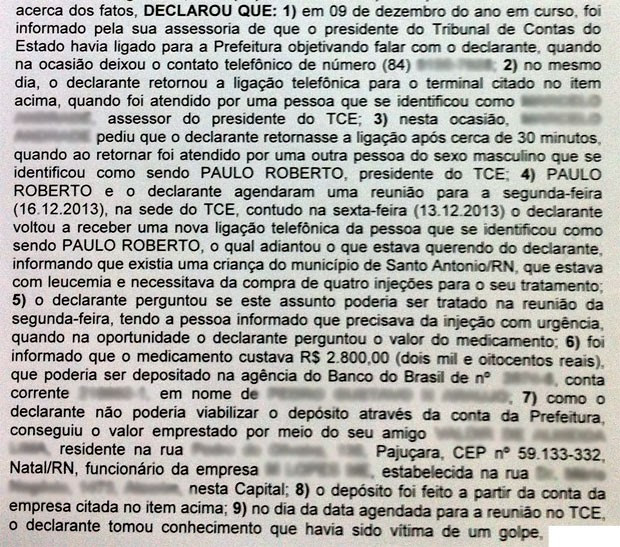 Trecho de depoimentos prestado pelo prefeito de Passagem, no qual relata ter sido vítima de um golpe em que os suspeitos usaram o nome do presidente do TCE-RN (Foto: Reprodução)