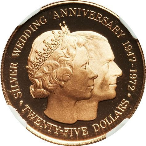 25 Dollars   Elizabeth II (Silver Wedding; gold)   Cayman  