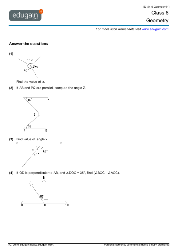 Grade 6 Math Worksheets and Problems: Geometry | Edugain Global