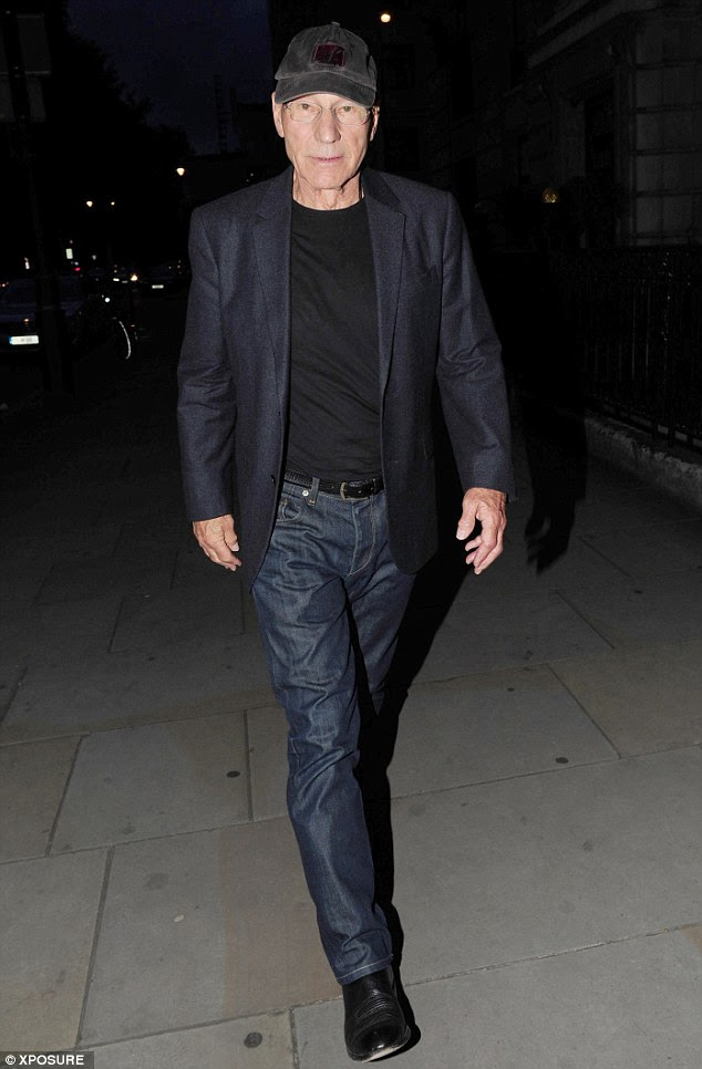Acting up: Patrick Stewart, who has just finished his Broadway run, looked laid-back in jeans and cap