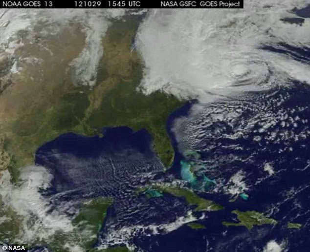 Devastation: Sandy hit the US East Coast last Monday (October 29) and it is pictured here at 15:45 UTC