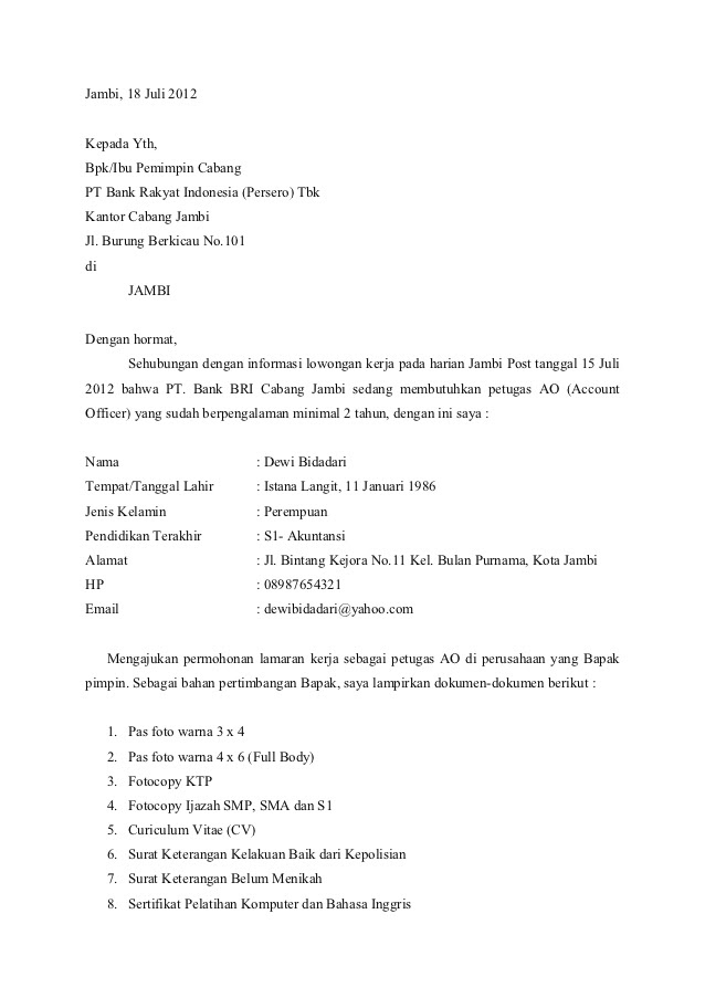 My favorite artis: Contoh surat lamaran kerja di bank yang 