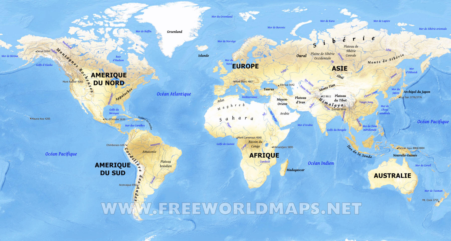Carte GÃ©ographique Du Monde, carte physique du monde