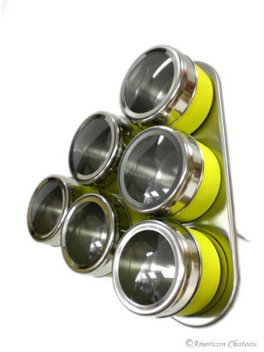 Stainless Steel Spice Rack with 6 Yellow Magnetic Jars