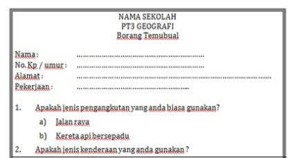 Borang Temubual Pengangkutan: Tugasan Geografi PT3 2016