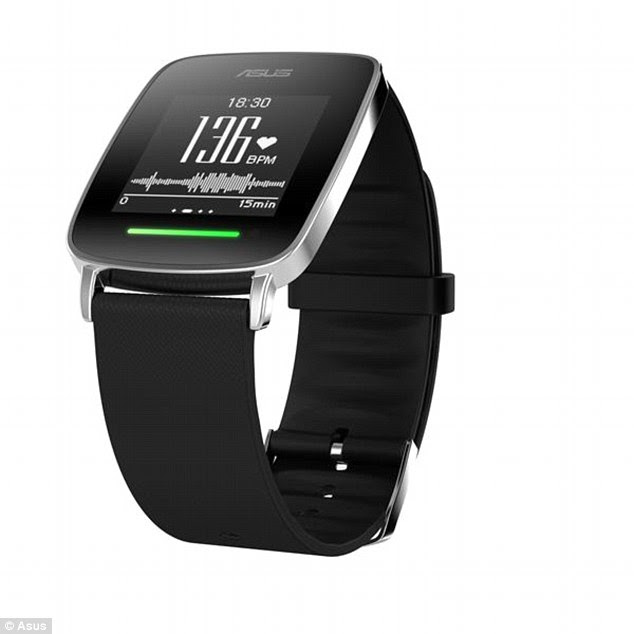 The watch's sensor uses VivoPulse technology and, during exercise, gives continuous feedback about the effectiveness of the wearer's workout using an LED.  When the wearer reaches their aerobic heart rate zone, the LED turns green (pictured). If the level of intensity is too high, the LED indicator turns red