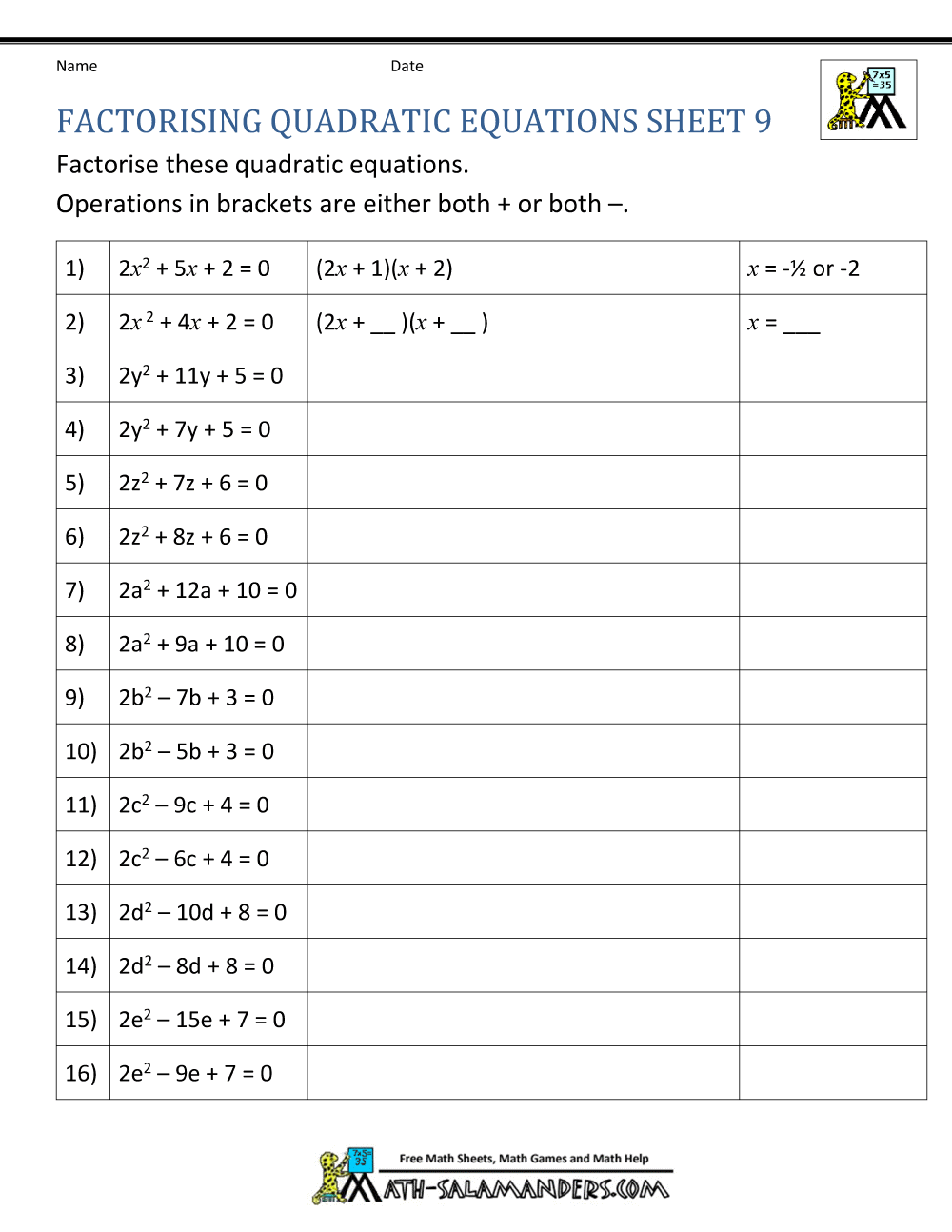 Maths Algebra Worksheets Year 9  factoring quadratic equationsfree pre algebra worksheets 