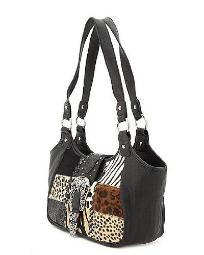 Genuine Leather Handbags Animal Print Purses - Black