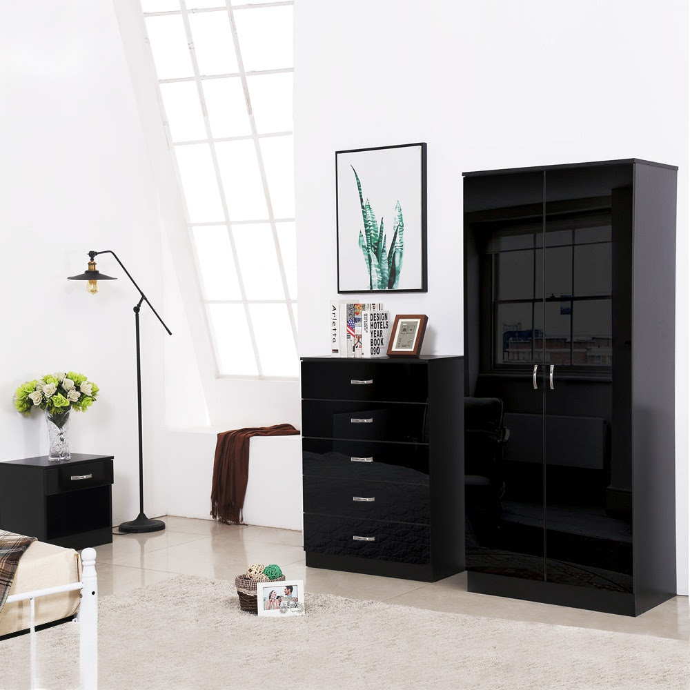 BLACK HIGH GLOSS 3 PIECE BEDROOM FURNITURE SET - iQGB UK