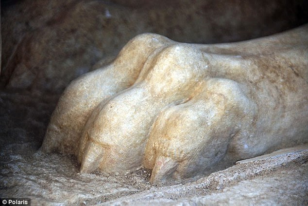 The paw of one of the sphinxes guarding the tomb is pictured. Experts say that all the artefacts uncovered so far, suggest it is a tomb typical of the Macedonian style