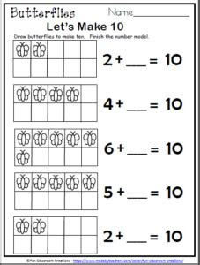  free butterfly math worksheet for kindergarten lets make 10 activity