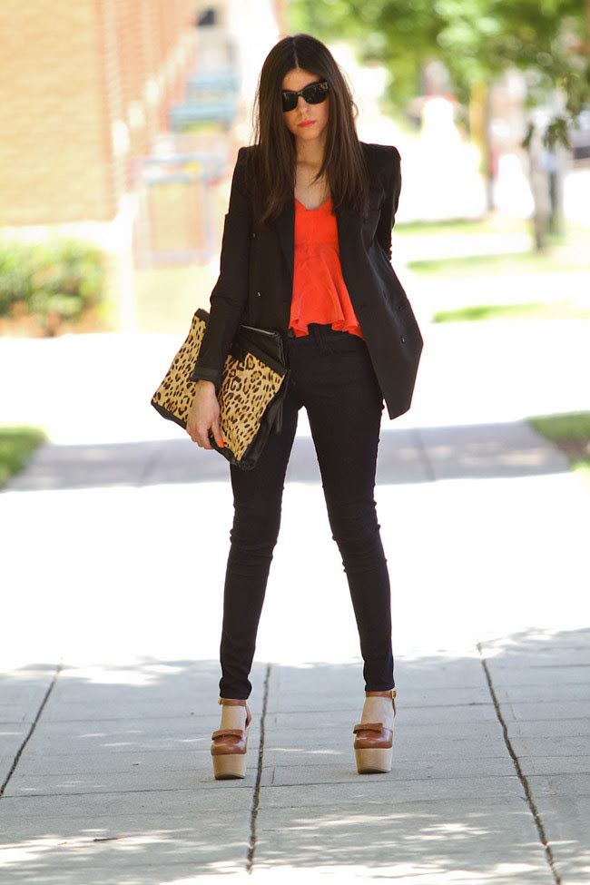 Neon Orange Fashion, Black Orchid Skinny Jeans, Black Blazer, Marc Jacobs Gold Watch, Leopard Print Clutch bag, Opening Ceremony Chloe Sevigny Mary Janes
