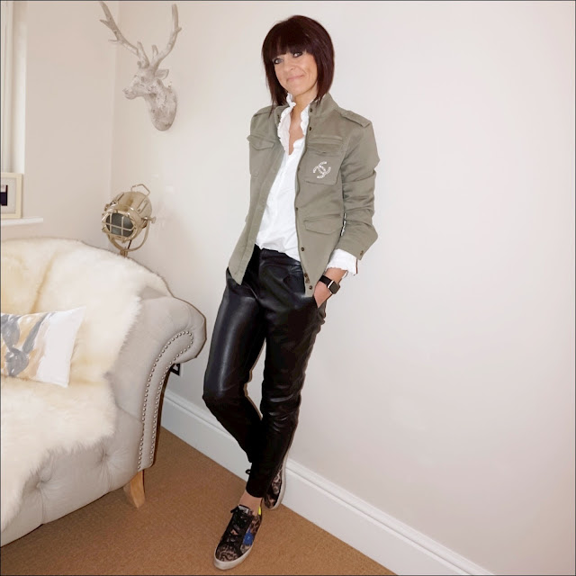 My Midlife Fashion, Hush military jacket, uniqlo high collar ruffle blouse, zara faux leather trousers, golden goose superstar trainers, leopard print trainers, chanel vintage brooch