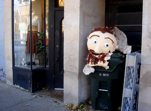 Street scene with smashed head