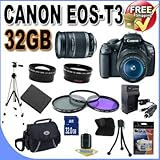 Canon EOS Rebel T3 12.2 MP CMOS Digital SLR with 18-55mm IS II Lens+58mm 2x Telephoto lens + 58mm Wide Angle Lens W/32GB SDHC Memory +Extra Battery/Charger+3 PIece Filter Kit+Case+Full Size Tripod+Accessory Kit