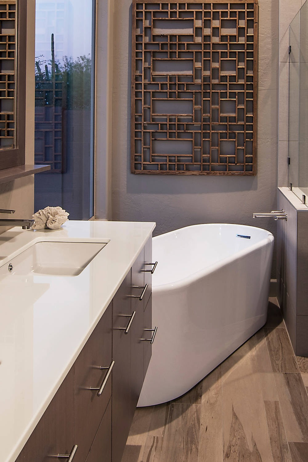 Flat Panel Brown Cabinets White Quartz Countertops Dark Porcelain Floor Tiles