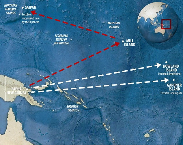 Possibilities: If the duo are right, Earhart and Noonan were more than 850 miles off course. They were meant to land on Howland Island (centre), although others suspect they could have crashed nearer Gardner Island (bottom, far right). It would give credence to the idea they were taken to Japanese base at Saipan (top left)
