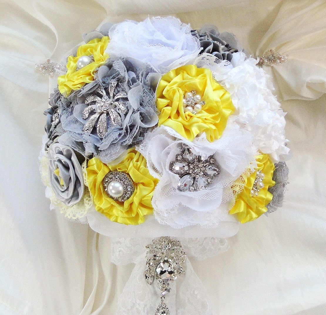 ON SALE Ready to Ship Bridal Brooch Bouquet Yellow, Grey & White Handmade Large Summer Garden Vintage Gray Shabby Chic Bouquet