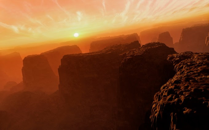 Illustration: Valles Marineris, Mars. Artwork of Valles Marineris canyon system as the Sun sets. It is found on Mars, the fourth planet in our Solar System. The Valles Marineris is over 4000 kilometres (km) long, up to 200 km wide and up to 7 km deep, dwarfing the Grand Canyon of Arizona, USA. The canyons are found on the southeastern edge of the Tharsis Bulge and were originally created by faulting during the formation of Tharsis. The canyons have been further worn down by water and wind erosion. Finally, slumping has helped widen the canyon so that the bottom is visible from space.