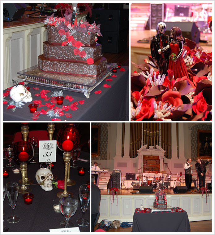 The linens were black and there were red candles on every surface for 
