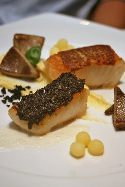 Snow Cod and Olive - pan-seared snow cod, olive oil emulsion, globe artichokes, potato creme, basil