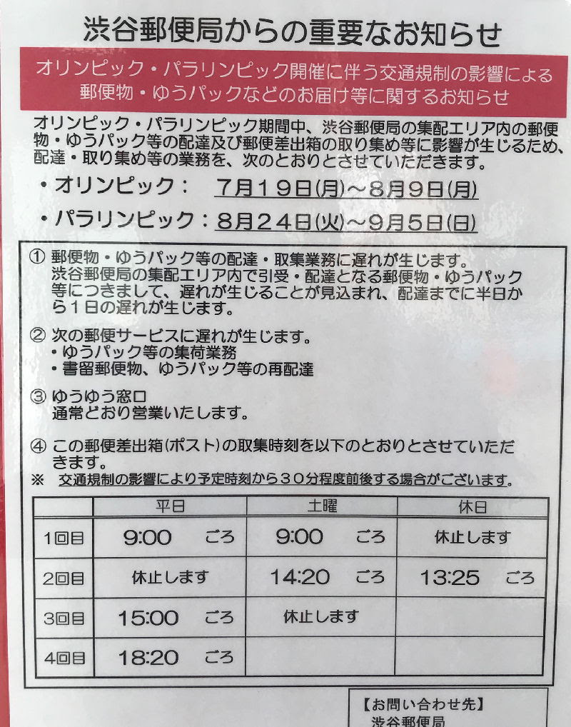 2021年パラリンピック期間の郵便配達 郵便局郵便窓口の休業日