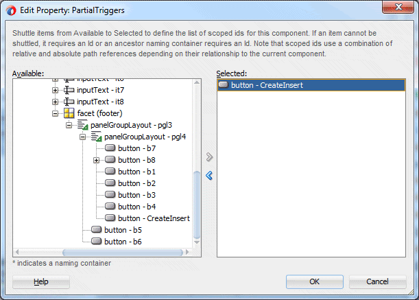 Edit Property: PartialTriggers dialog showing CreateInsert command button selected and cursor on arrow to shuttle it over to the Selected pane.