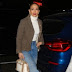 Jennifer Lopez wearing Paul Harnden Shoemakers Brown Herringbone Coat, Chantecler Large Logo Rooster Earrings in Yellow Gold, Gucci Denim Jeans with Slim Horsebit, 