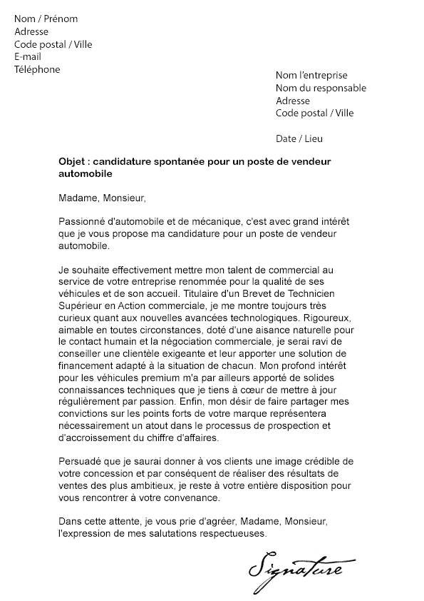 Lettre de motivation Vendeur Automobile - Modèle de Lettre