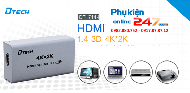 bo chia HDMI 1 ra 4 4Kx2K, 3D Dtech DT-7144