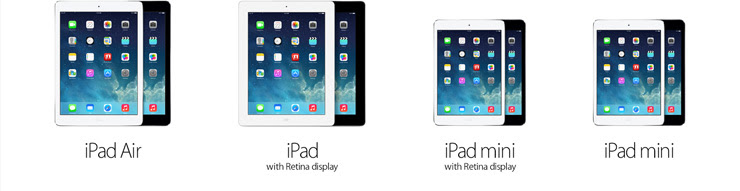 iPad Air. iPad with Retina Display. iPad mini with Retina display. iPad mini.
