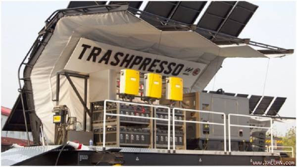  Trashpresso là một trung tâm tái chế bán linh hoạt, có thể biến phế thải nhựa và vải thành gạch ngói.