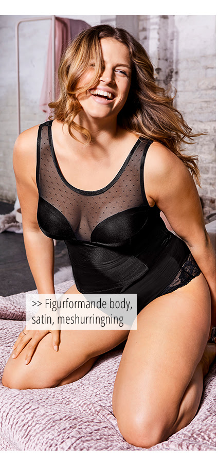 Figurformande body i skimrande satin med transparent meshurringning, även bak. Trollar fram en slank, attraktiv silhuett utan att synas under kläderna.