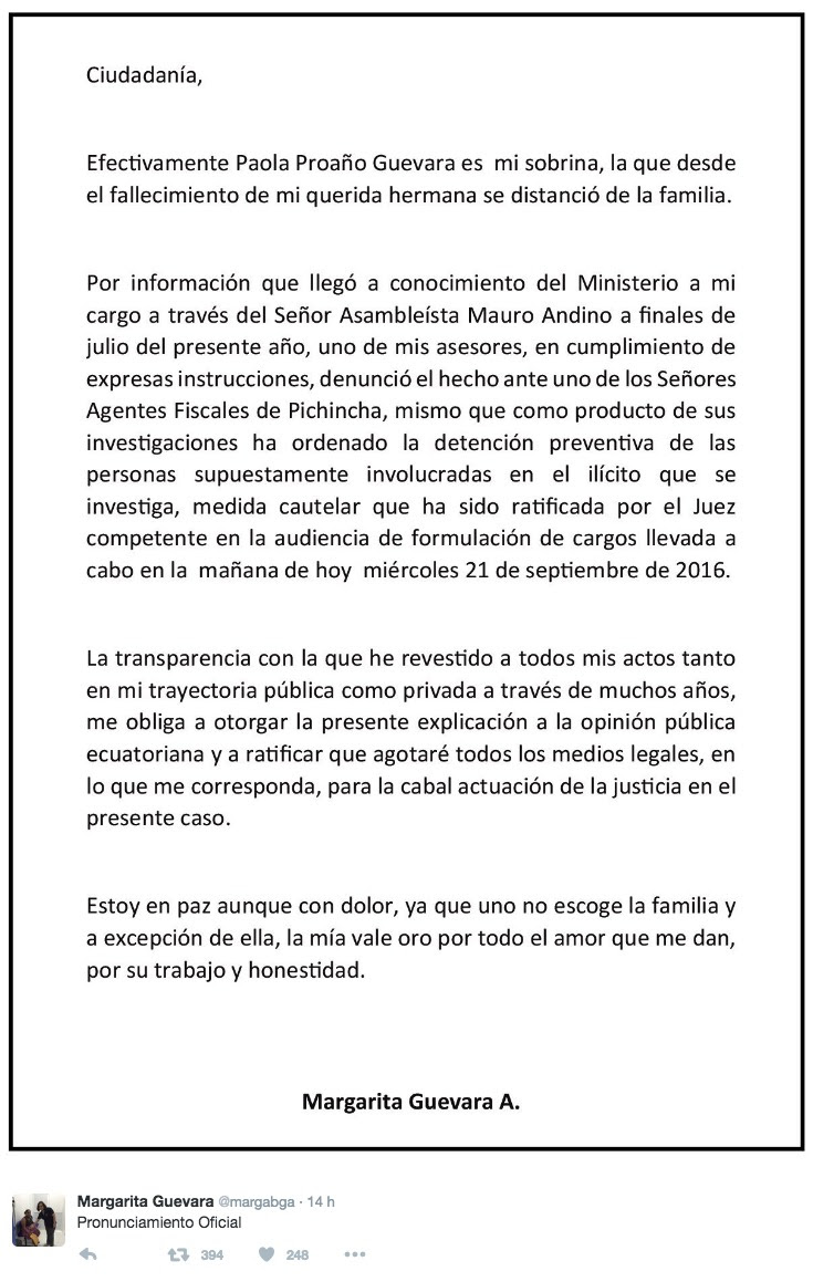 Ministra de Salud denunció a su sobrina por venta de 