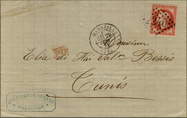 lettre de Marseille (France) vers Tunis (Tunisie) de 1871 avec timbre Napoleon III et non pas Ceres