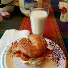 [Homemade] Double cheese, double egg, 4 slices of bacon, cream cheesed everything bagel sandwich.