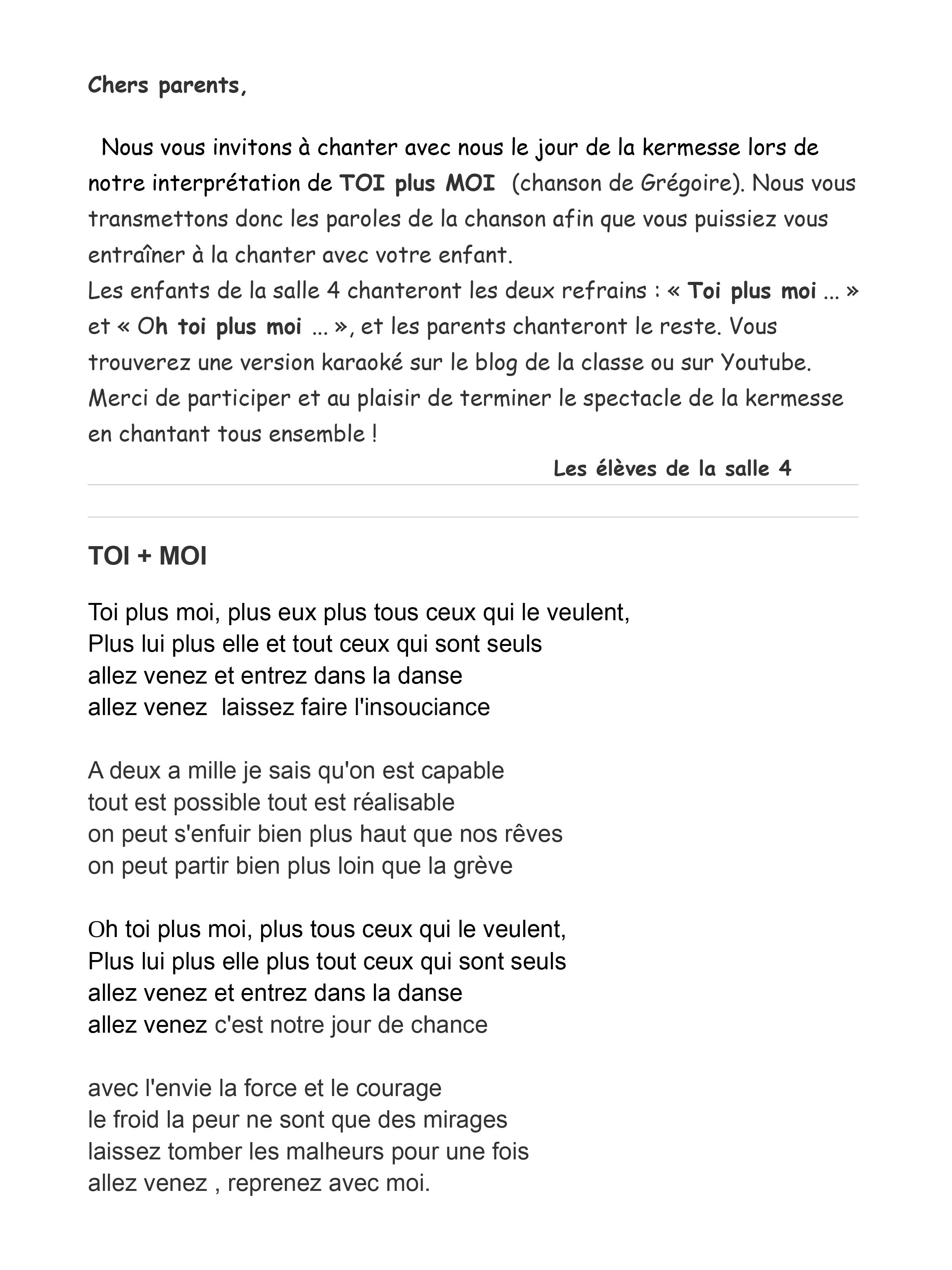 Les Parents Sont Invites A Chanter Avec Les Enfants Le Jour De La Kermesse Salle 4