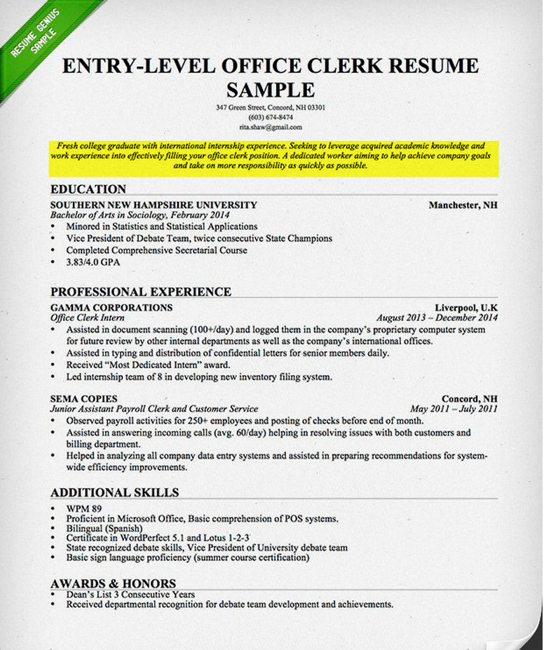 Samples Of Objective For Resume