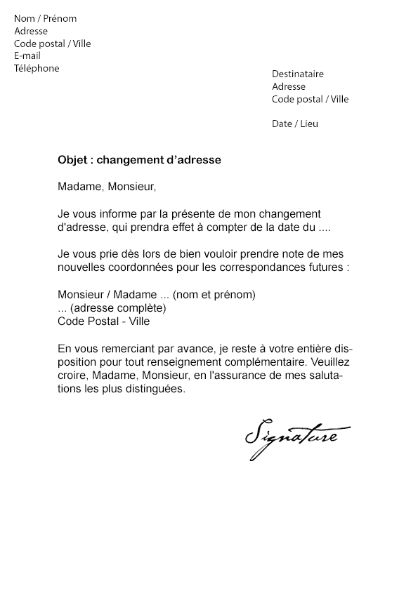 Lettre de changement d'Adresse (Standard) - Modèle de Lettre
