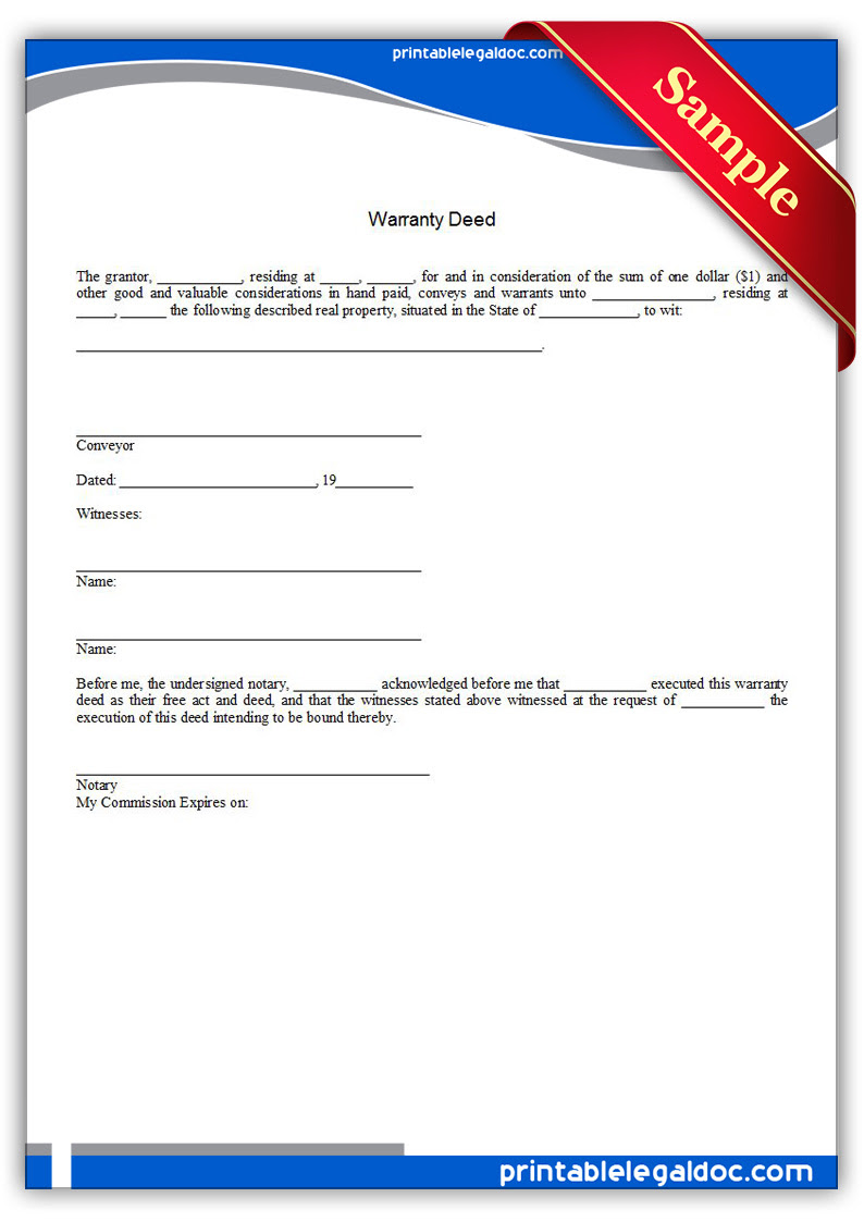 guarantee legal form Deed Warranty Printable Form Free (GENERIC)