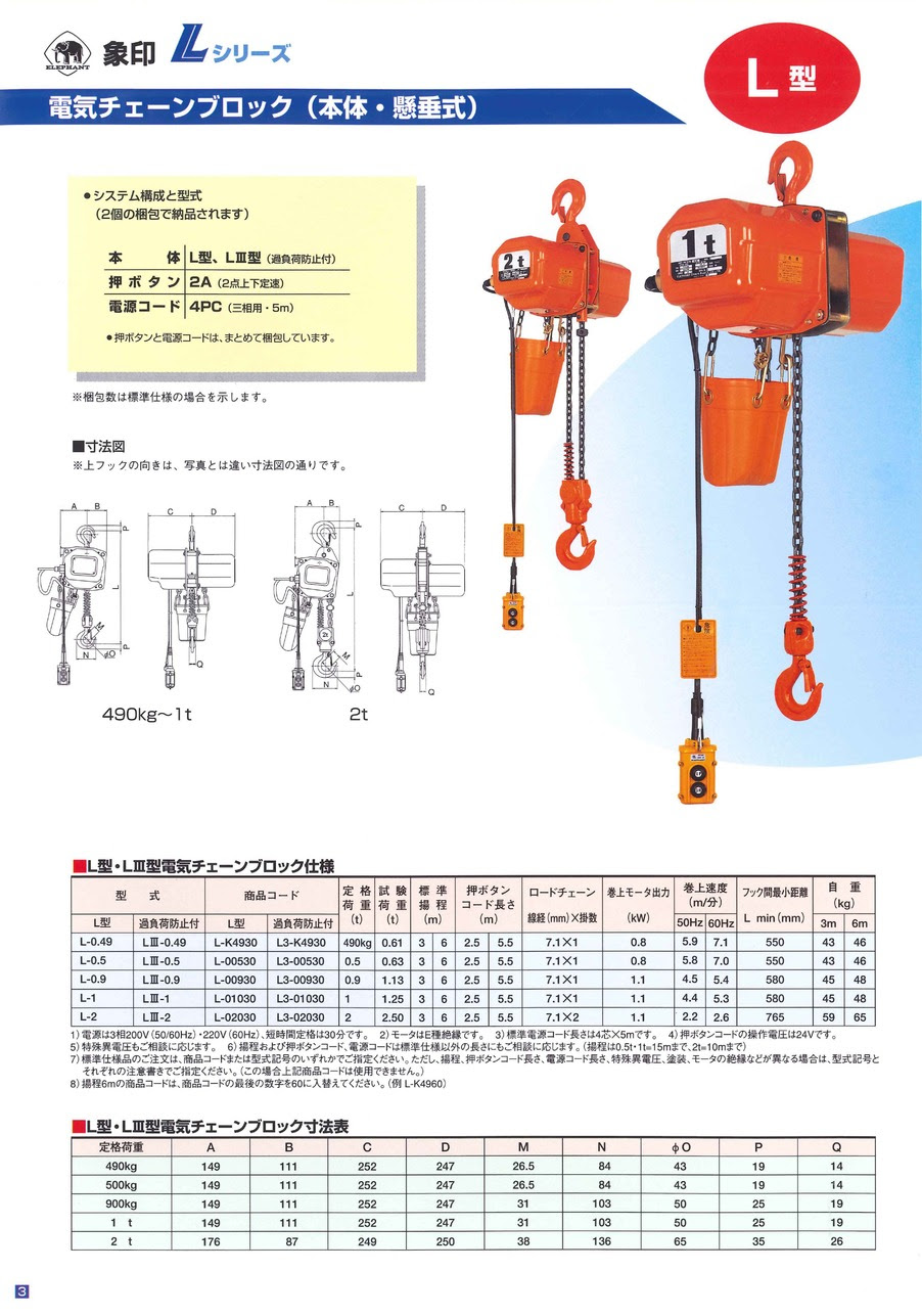 電気チェーンブロック Lシリーズ 象印チェンブロック 株 Elephant デジアナeカタログ メカトロネット