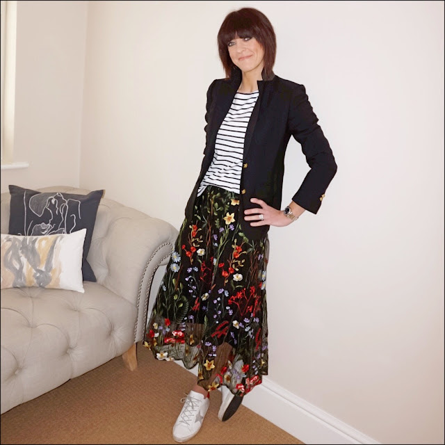 My Midlife Fashion, J Crew Rhodes blazer, hm long sleeve breton, marks and spencer embroidered a line skirt, golden goose superstar leather low top trainers