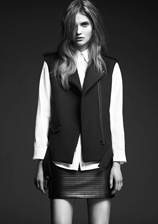 LE FASHION IMAGE SANDRO FW 2012 CAMPAIGN LOOKBOOK BLACK MOTO VEST WHITE COLLARED BUTTON UP SHIRT RIBBED LEATHER MINI SKIRT MESSY LONG WAVY HAIR NATURAL BEAUTY CLEAN CLASSIC 4
