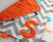 Personalized Chevron baby blanket - Orange Gray - lovey travel minky shower gift nursery monogram intial elephant - LilKingdom