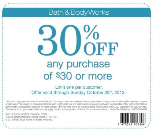 Bath & Body Works Canada: Save 30% on any Purchase of $30 or More *Printable Coupon* | Canadian ...