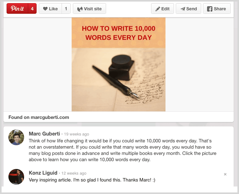 Call to action on Pinterest example screenshot
