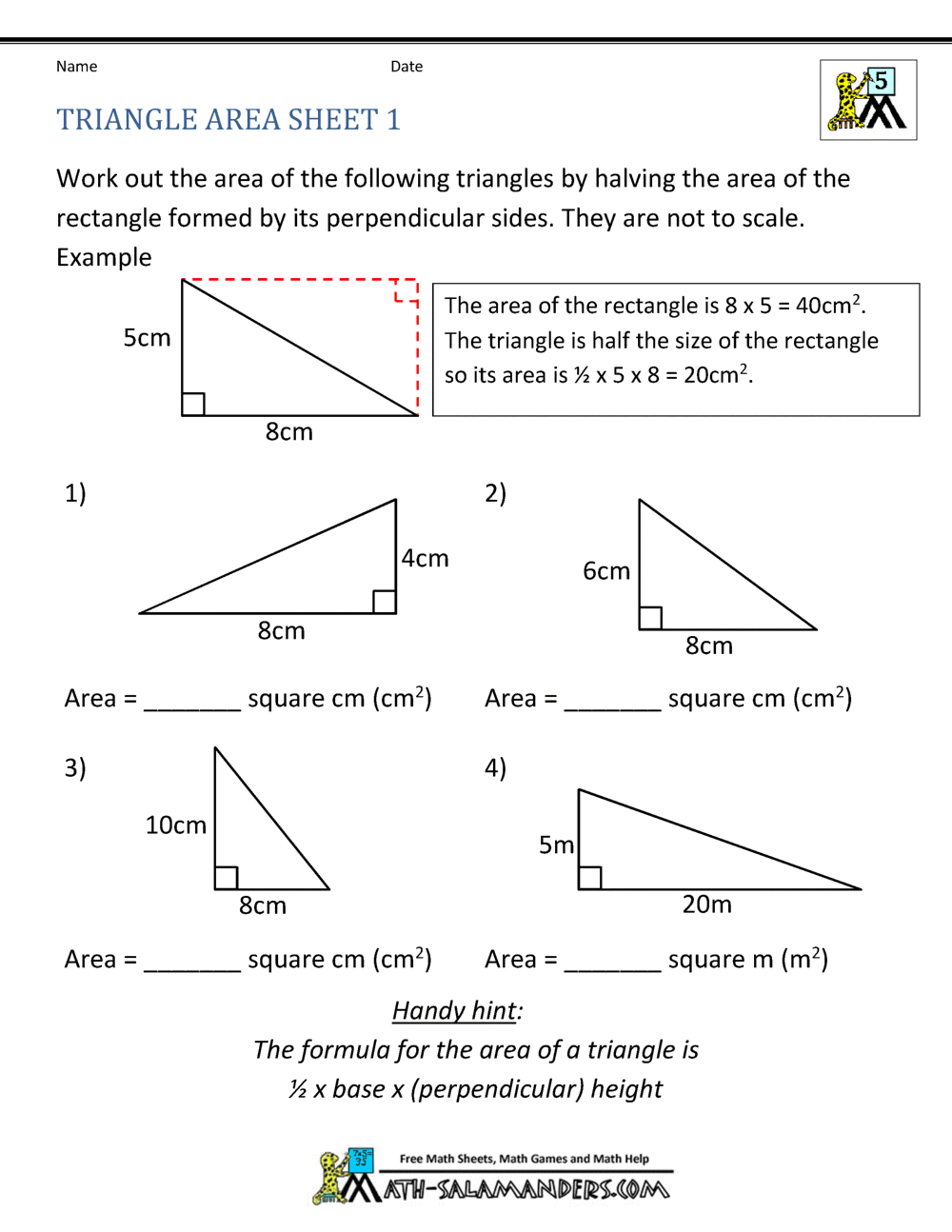 Printable math worksheets triangle area