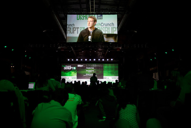 Facebook founder Mark Zuckerberg is seen on a display as he speaks at the annual TechCrunch Disrupt conference in San Francisco on Sept. 11, 2013. (Dai Sugano/Bay Area News Group)